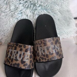 True Religion Black and Leopard Slide Sandals